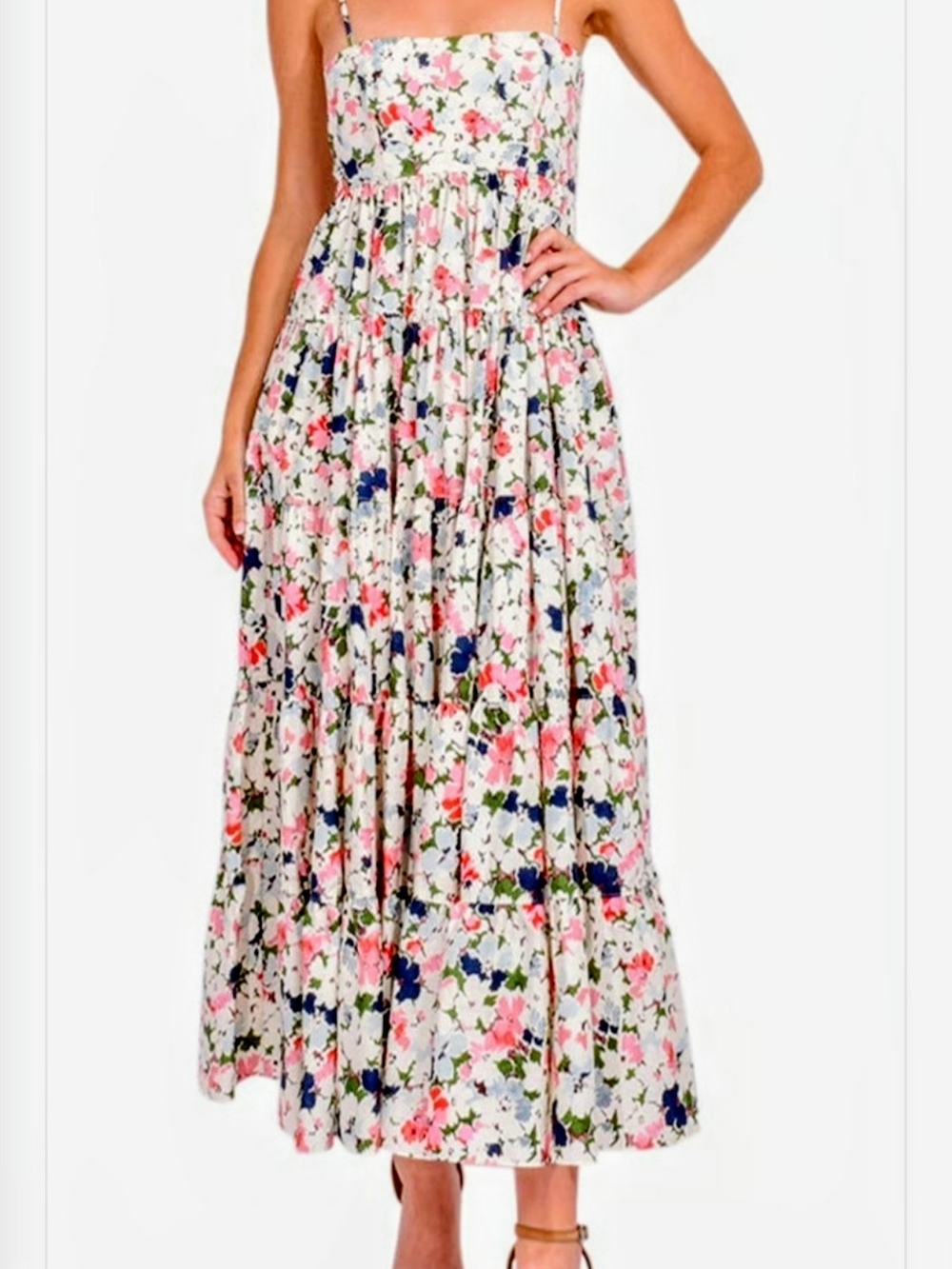 cinq a sept White Floral Midi Dress with Pink & Blue Blooms